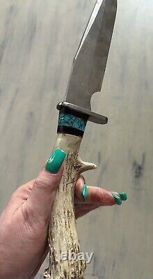 14' Straightback Knife/TurquoiseInlay/Elk Handle/Gifts/Hunting/NK/Steel/Handmade