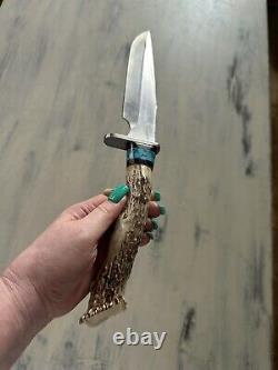 14' Straightback Knife/TurquoiseInlay/Elk Handle/Gifts/Hunting/NK/Steel/Handmade