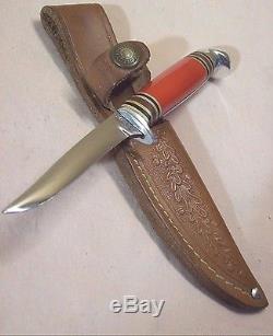 1950'sWESTERN AUTOPATENTED WESTERN CUTLERY HUNTING KNIFE withRED HANDLE & SHEATH