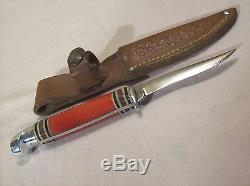 1950'sWESTERN AUTOPATENTED WESTERN CUTLERY HUNTING KNIFE withRED HANDLE & SHEATH
