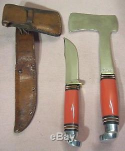 1950sWESTERNBOULDER, COLO. RARE RED HANDLE HUNTING KNIFE & AXE COMBO withSHEATHS