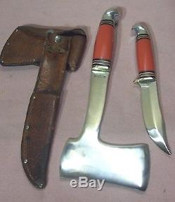 1950sWESTERNBOULDER, COLO. RARE RED HANDLE HUNTING KNIFE & AXE COMBO withSHEATHS