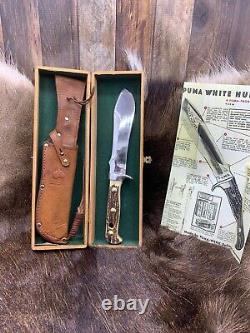 1966 Puma 6377 White Hunter Knife Stag Handles Leather Sheath Presentation Box