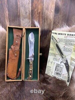 1966 Puma 6377 White Hunter Knife Stag Handles Leather Sheath Presentation Box