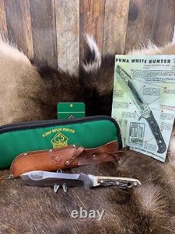 1967 Puma 6377 White Hunter Knife Stag Handles Leather Sheath Puma Pouch Mint A