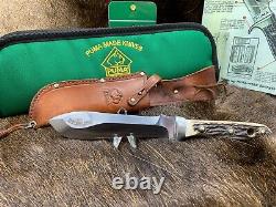 1967 Puma 6377 White Hunter Knife Stag Handles Leather Sheath Puma Pouch Mint A