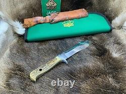 1974 Puma 6377 White Hunter Knife Stag Handles Leather Sheath & Puma Pouch Mint