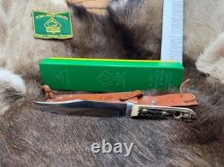 1974 Puma 6396 Bowie Knife Stag Handles Leather Sheath & Puma Green & Yellow Box
