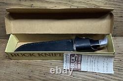 1986 Vintage Buck 120 Fixed Blade With Leather Sheath, Box And Warranty Card
