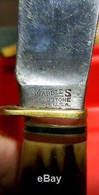 2 Vtg stag MARBLES knives knife LEATHER SHEATH compass woodcraft Gladstone