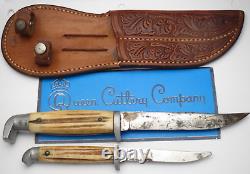 Antique 1950's Era Queen Cutlery #80 Fixed Blade Hunting Knives Two-Knife Set