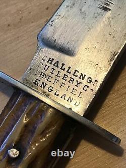 Antique 19thc Challenge Cutlery Co. Sheffield England Bowie Hunting Knife Stag H