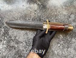 Antique Dagger Knife Blade Fixed Handle Wood Brass Sheath Leather Rare Old 20th