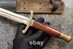 Antique Dagger Knife Blade Fixed Handle Wood Brass Sheath Leather Rare Old 20th