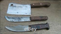 Antique Muleskinner Buffalo Hunter's Fur Trade Butcher Knife Set withLeather Block