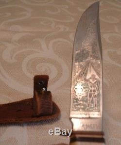 Antique Scouting Color Engraved Solingen Hunting Knife Original Leather