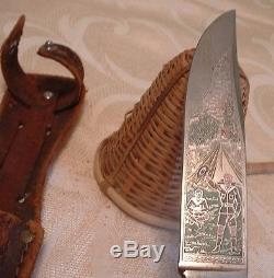 Antique Scouting Color Engraved Solingen Hunting Knife Original Leather