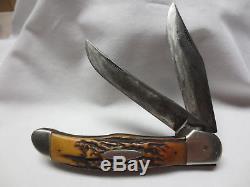 Antique Vtg Western States Boulder CO Large Folding Hunting Knife Stag Handles