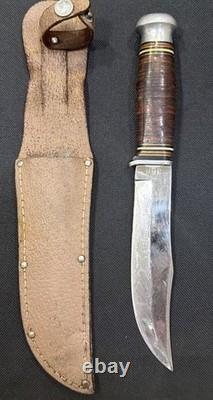 Antique WWII Era KINFOLKS USA Leather Handle Hunting Knife & Sheath (5.5 blade)