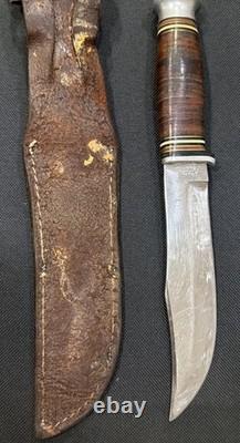 Antique WWII Era KINFOLKS USA Leather Handle Hunting Knife & Sheath (5.5 blade)