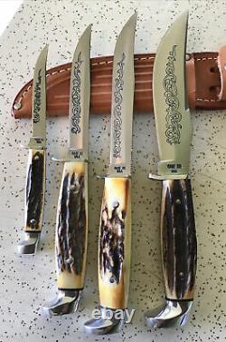 Antique/vintage Stag Case XX USA 1977 Blue Scroll Hunting Knife Set/lot/ Sweet