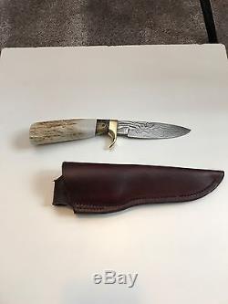 Audra MS Draper Knives Custom Damascus Hunting Knife With Sheath + Case Bone Wood