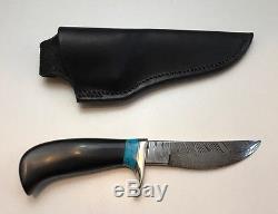 Audra MS Draper Knives Custom Damascus Hunting Knife With Sheath Turquoise 8.5