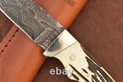 Bear & Son Made In USA Damascus Fixed Blade Hunting Skinning Knife Nice (19232)