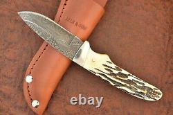 Bear & Son Made In USA Damascus Fixed Blade Hunting Skinning Knife Nice (19232)