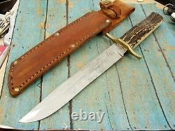 Big Antique Custom Mountain Man Stag Combat Bowie Knife & Sheath Hunting Knives