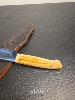 Boker Argentina 440 Stainless Stag Handle Fixed Blade Knife & Leather Sheath Vtg