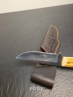 Boker Argentina 440 Stainless Stag Handle Fixed Blade Knife & Leather Sheath Vtg