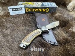 Browning Fixed Blade Stag Knife With Leather Sheath Mint in Factory Box A+