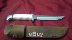 Buck 105 Pathfinder Hunting Knife white bone handle leather sheath USA Rare
