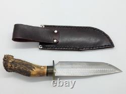 CROWN STAG ANTLER Handle KK Steel Bowie Fixed Knife with Leather Sheat (EC3037853)