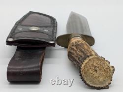 CROWN STAG ANTLER Handle KK Steel Bowie Fixed Knife with Leather Sheat (EC3037853)