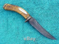 CUSTOM ANTIQUE STAG HUNTING KNIFE BROWN LEATHER W. D. Bo R. 1931