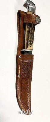 Case 9 Hunting Knife Stag Handle Basketweave Sheath Vintage Rare