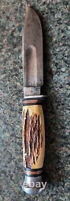 Case Tested XX Circle C 1932-40 CARSON Knife Stag Horn & Stacked Brass & Leather