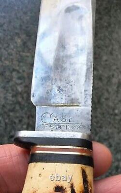 Case Tested XX Circle C 1932-40 CARSON Knife Stag Horn & Stacked Brass & Leather