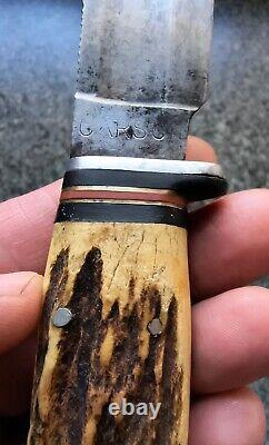 Case Tested XX Circle C 1932-40 CARSON Knife Stag Horn & Stacked Brass & Leather