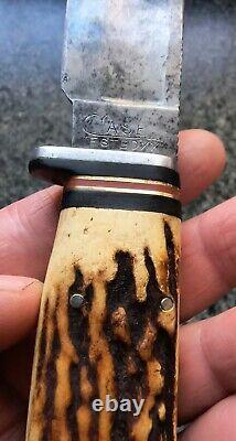 Case Tested XX Circle C 1932-40 CARSON Knife Stag Horn & Stacked Brass & Leather