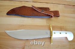 Case XX Bowie SS Large Hunting Knife w Leather Basketweave Sheath & White Handle