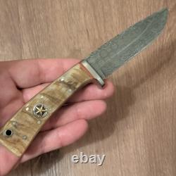 Custom Damascus Blade with Sheep Horn Handle, Custom Beveling & Sheath Made In TX