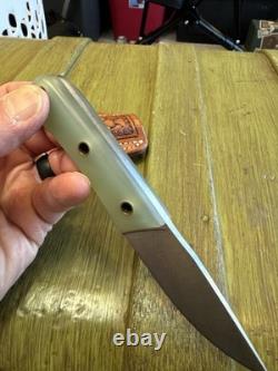 Custom Fixed Blade Knife 6.25 Green Handle with Ken Amen Tooled Leat
