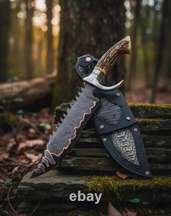 Custom Handmade Damascus Steel Copper Pattern Blade Hunting Stag Knife & Sheath