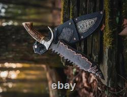 Custom Handmade Damascus Steel Copper Pattern Blade Hunting Stag Knife & Sheath