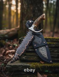 Custom Handmade Damascus Steel Copper Pattern Blade Hunting Stag Knife & Sheath