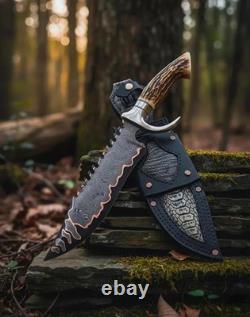 Custom Handmade Damascus Steel Copper Pattern Blade Hunting Stag Knife & Sheath