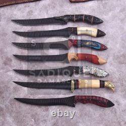 Custom Handmade Lot Of 15 Pcs Fillet Knife With Leather Sheath 13'' Hand Forged